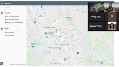 Screenshot of Zoom Meeting showing thumbnails of people's photos and map of College Station