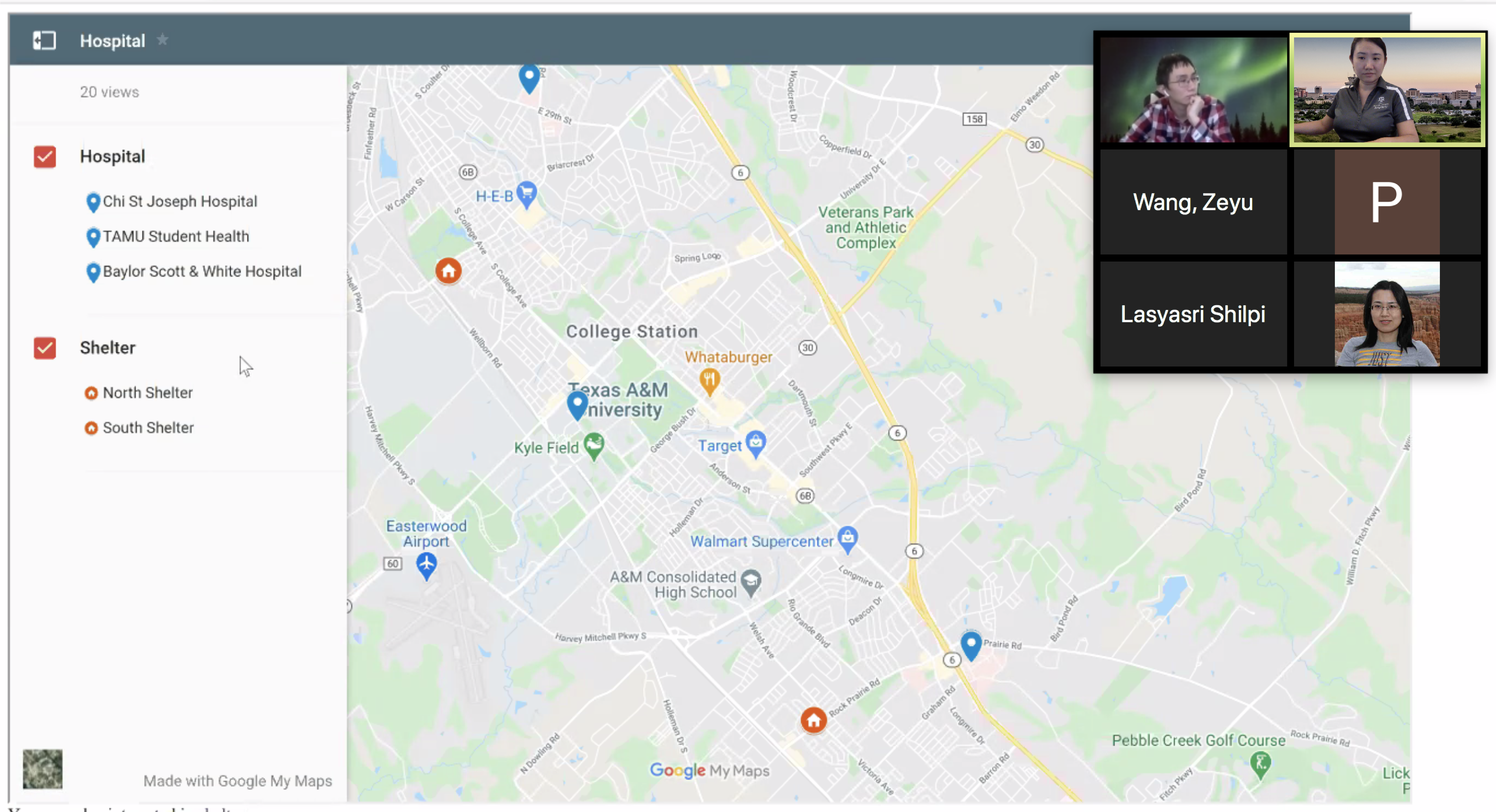 Screenshot of Zoom Meeting showing thumbnails of people's photos and map of College Station