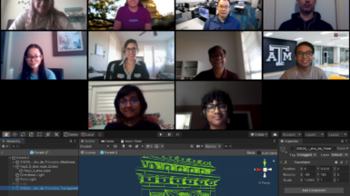 Screenshot of Zoom Meeting showing thumbnail photos of people and model of arc de triomphe