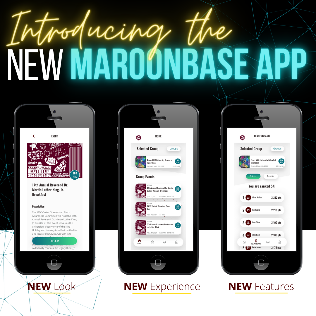 Image of 3 cell phone with text Introducing the new Maroonbase app new look new experience new features